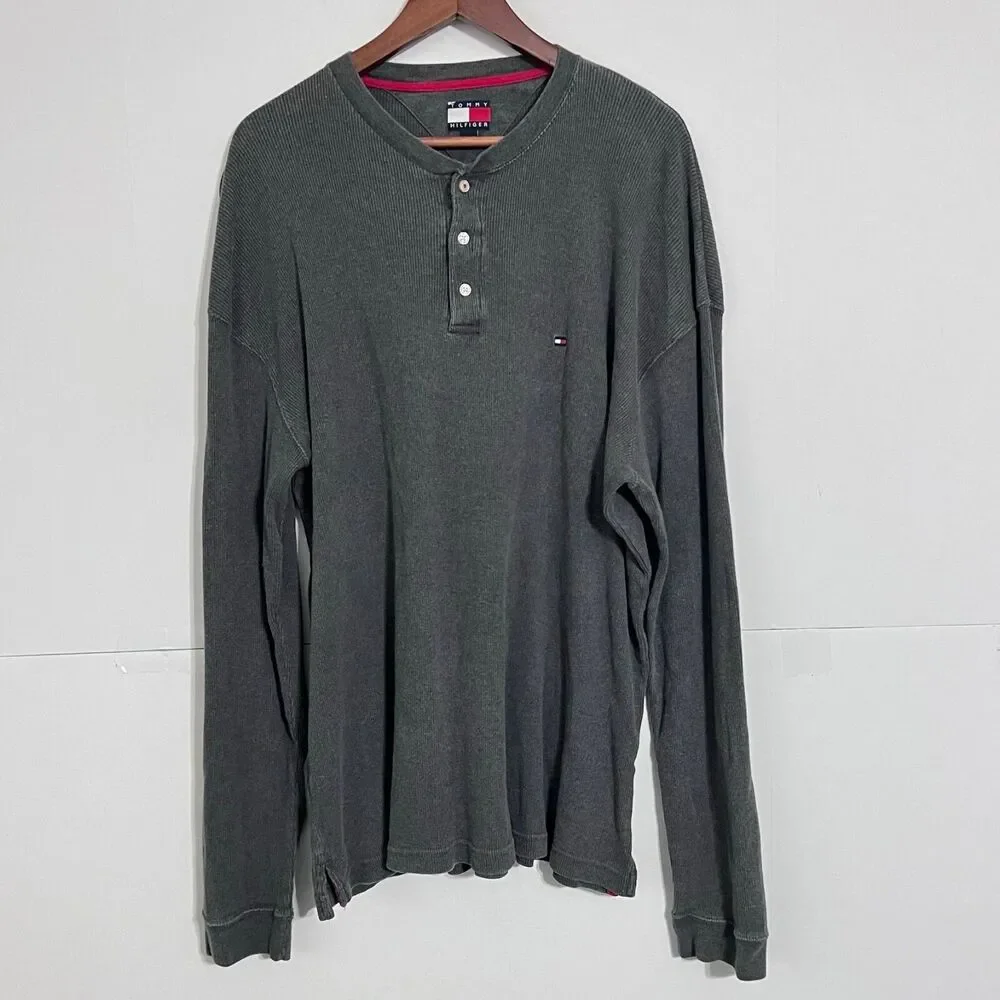 Vintage Tommy Hilfiger Mens Henley Ribbed Sweater Size 2XL Grey Embroidered